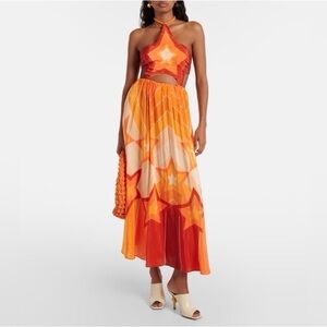 NWT Farm Rio Gradient Stripes Orange Halter Maxi Dress with Star Pattern